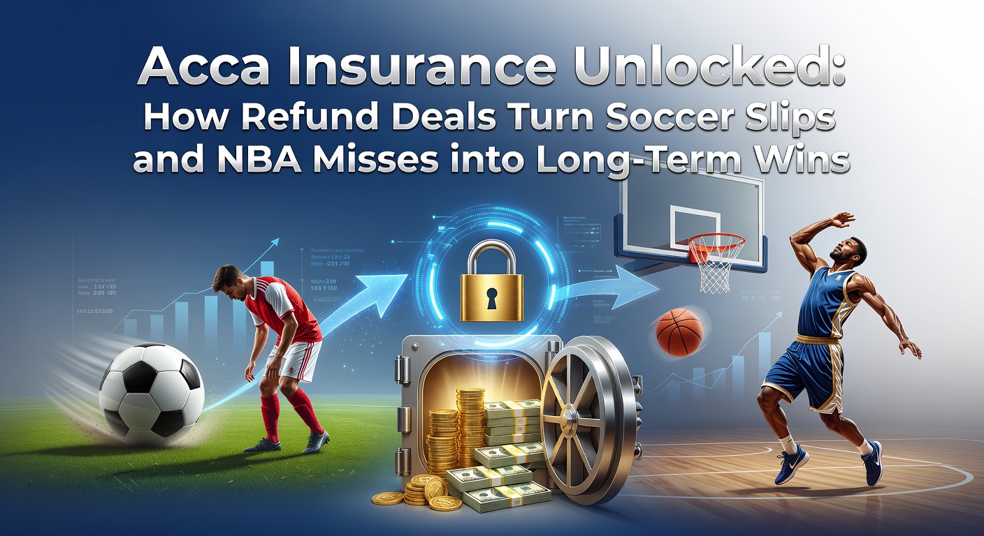 Graphic showing a soccer player slipping on the pitch next to an NBA basketball miss, overlaid with acca insurance refund icons and rising profit graphs