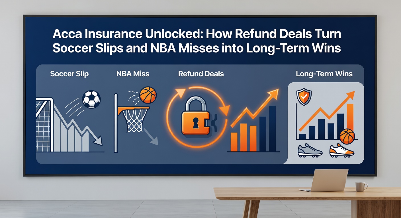 Collage of NBA players missing shots during playoffs and soccer own goals, contrasted with acca insurance refund notifications on a betting app screen, highlighting profit recovery charts