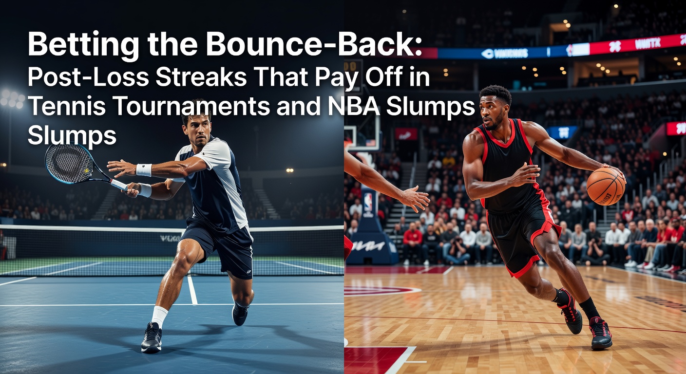 Tennis player celebrating a comeback win after an early tournament loss, with NBA court in the background highlighting slump recoveries