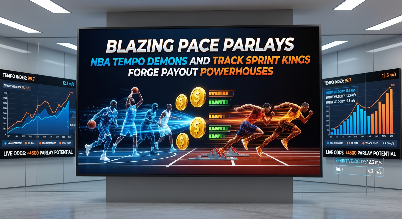 Sprint horse bolts from the gate in a blur of speed while NBA players race down the court in transition, illustrating pace synergy in parlays