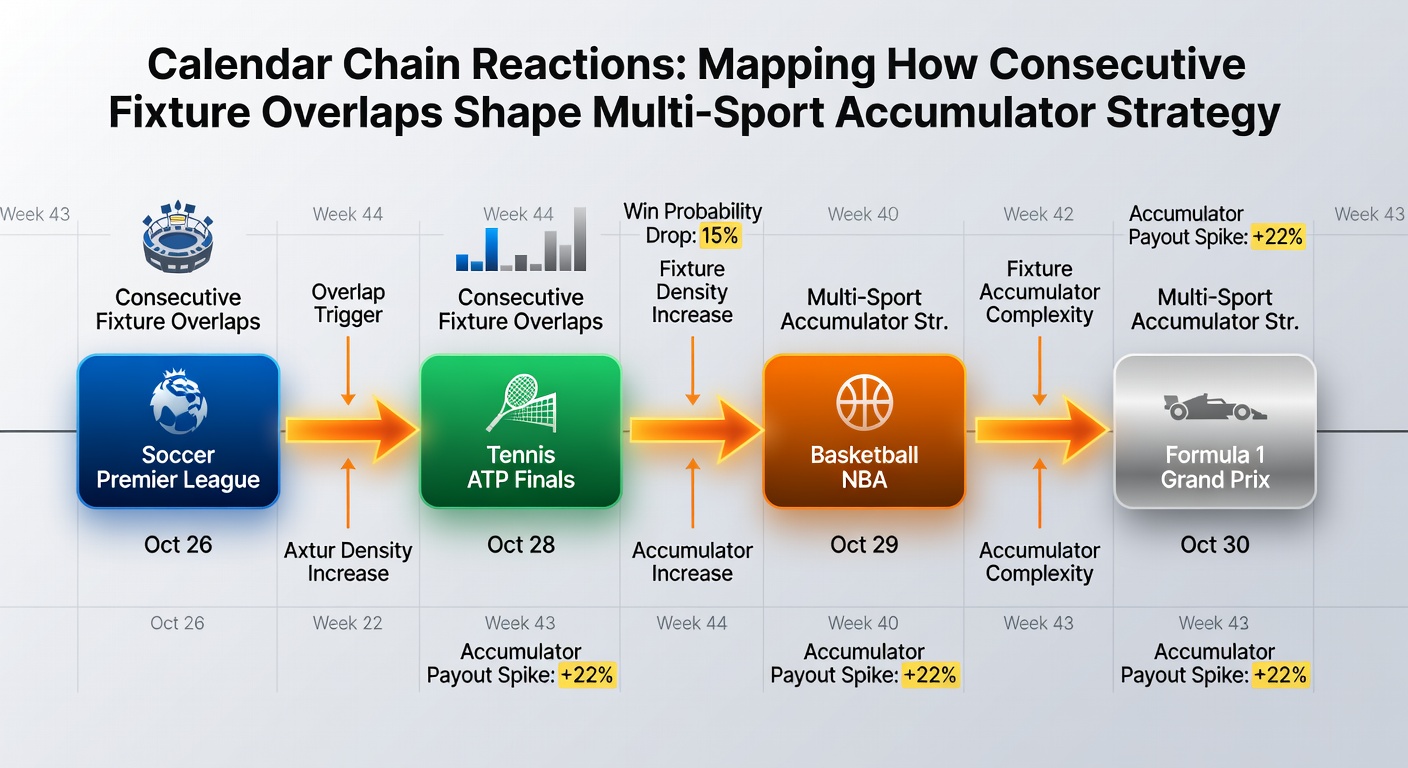 Detailed timeline infographic illustrating consecutive fixture overlaps between multiple sports and the resulting accumulator chain formations