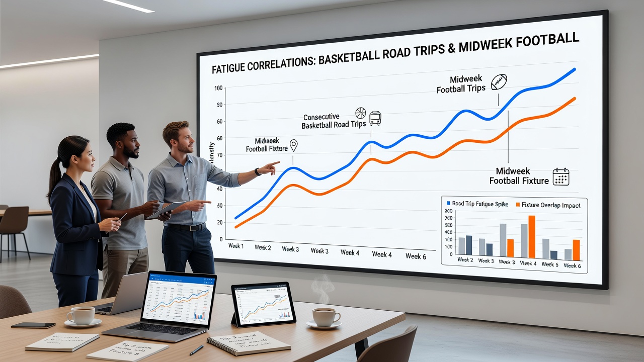 Data visualization linking basketball road trip fatigue metrics with football midweek rotation impacts on league spreads
