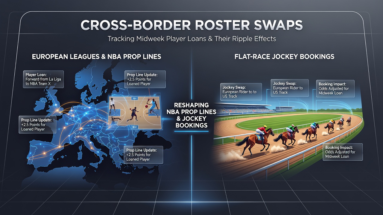 Diagram showing midweek player loan movements across European soccer leagues and their downstream effects on NBA prop lines plus flat racing jockey schedules