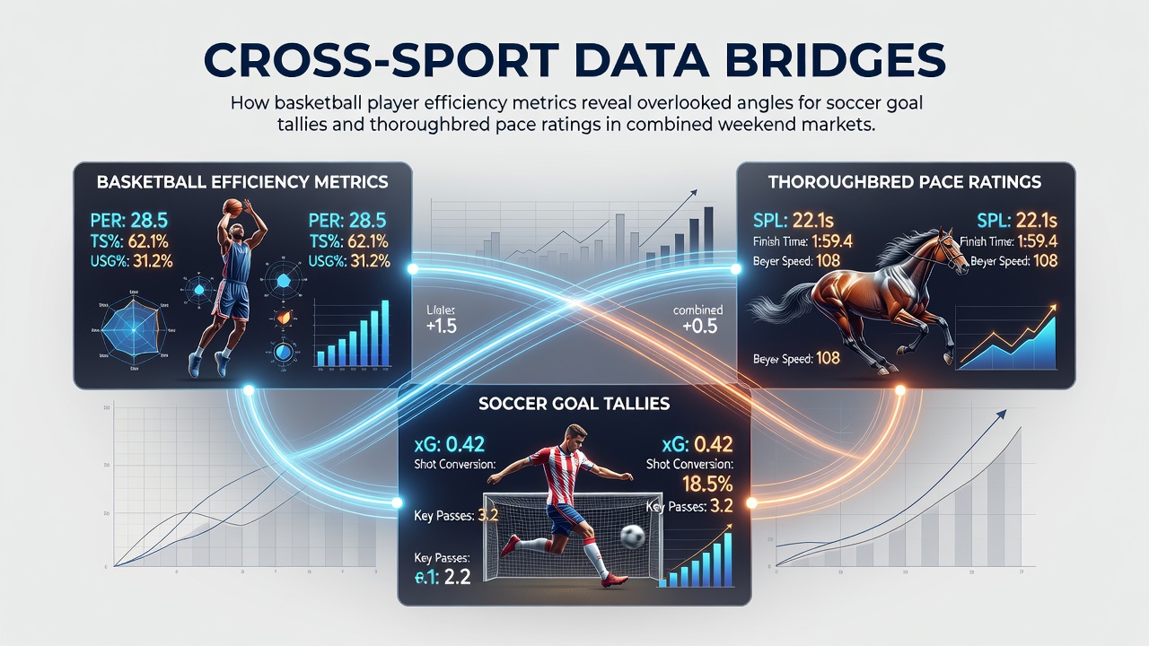Analysts reviewing basketball efficiency data alongside soccer and horse racing statistics on multiple screens