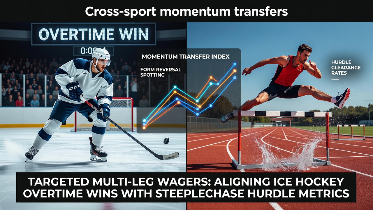 Ice hockey players celebrating an overtime victory on the rink while steeplechase athletes clear hurdles in a parallel scene