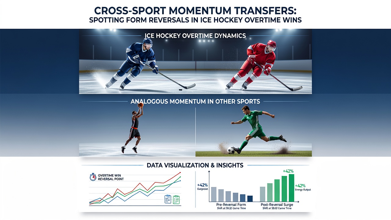 Steeplechase runner clearing a water jump alongside data charts showing ice hockey overtime win streaks