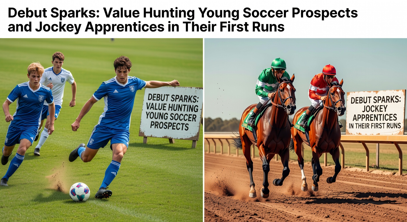 Young soccer prospect celebrating a debut goal alongside a jockey apprentice guiding a horse across the finish line for the first time, capturing the thrill of initial races and matches