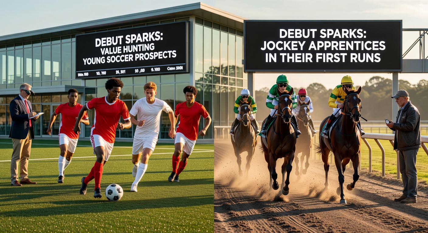 Jockey apprentice in silks urging a colt forward during a debut race at a sunlit track, with a young soccer player in action on the pitch inset, highlighting parallel debut energies