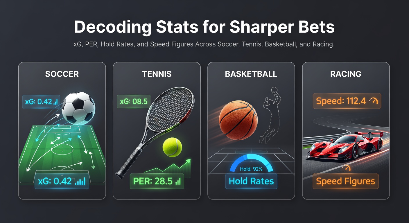 Infographic displaying xG timelines from a Premier League match alongside NBA PER charts and horse speed figures overlaid on a racetrack