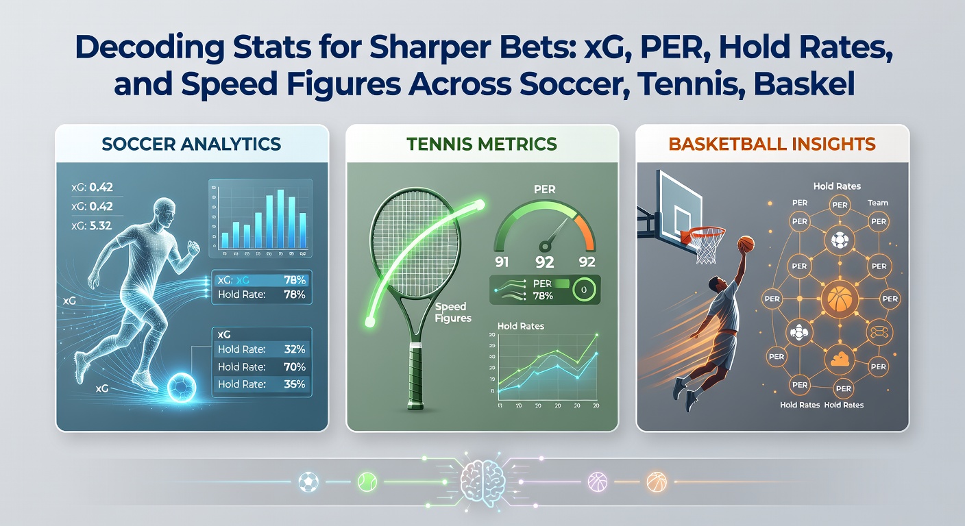 Split-screen visualization of tennis hold rate graphs from a clay court rally, basketball PER heatmaps, and speed figure comparisons from a harness race finish line