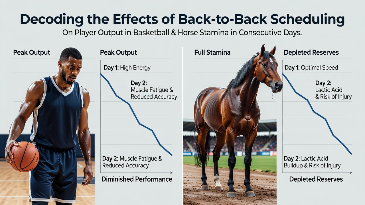 Basketball players resting during a back-to-back game schedule while horses prepare for consecutive racing days