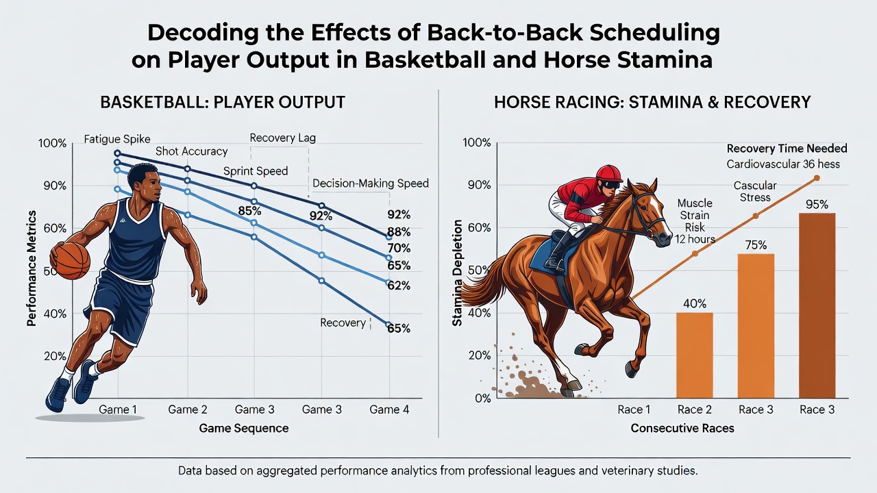 Racehorses cooling down after consecutive race days alongside basketball analytics charts showing player fatigue metrics
