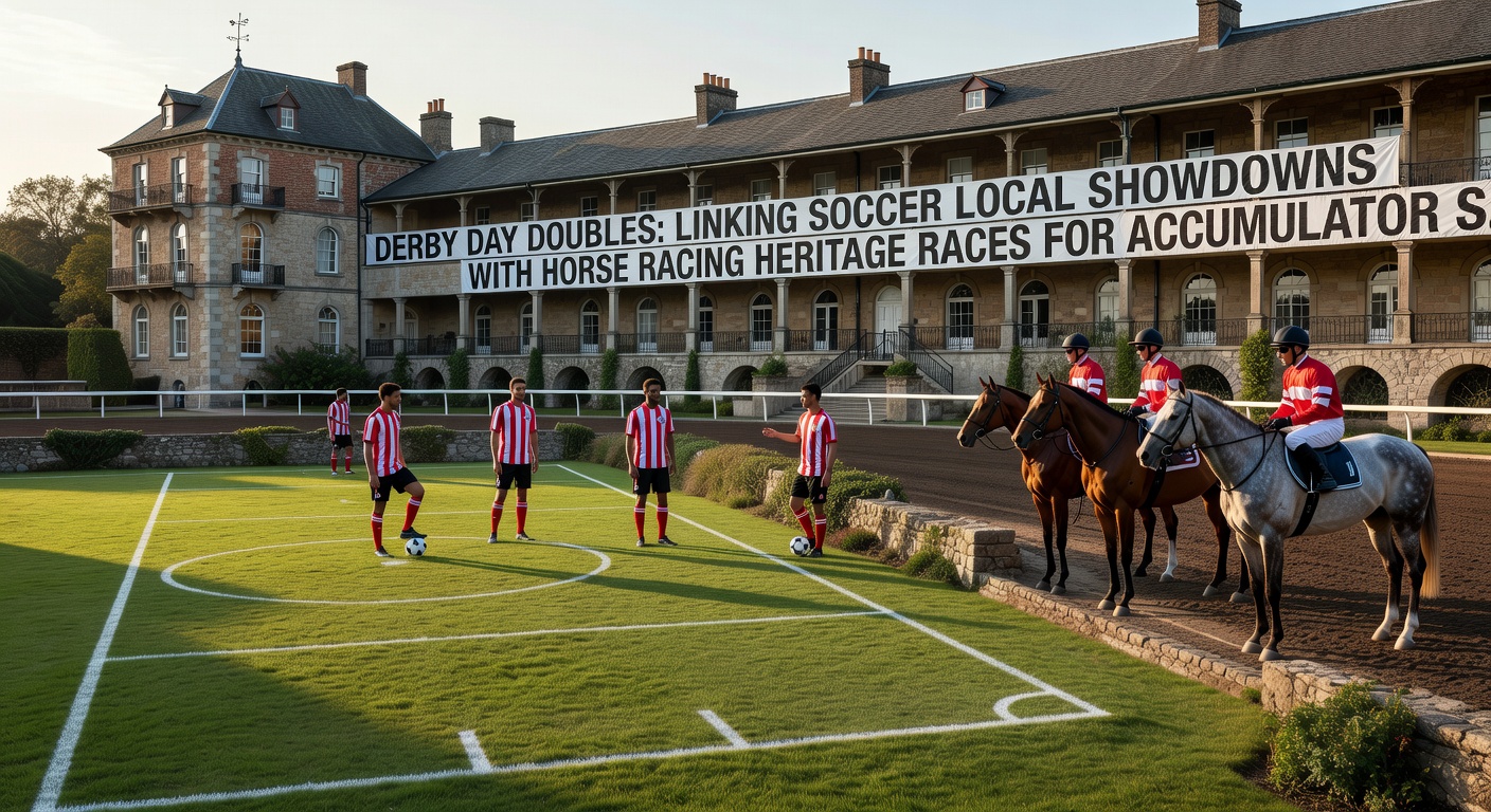 Horse racing derby finish line with soccer fans in foreground, symbolizing the fusion of two rivalry worlds for betting doubles