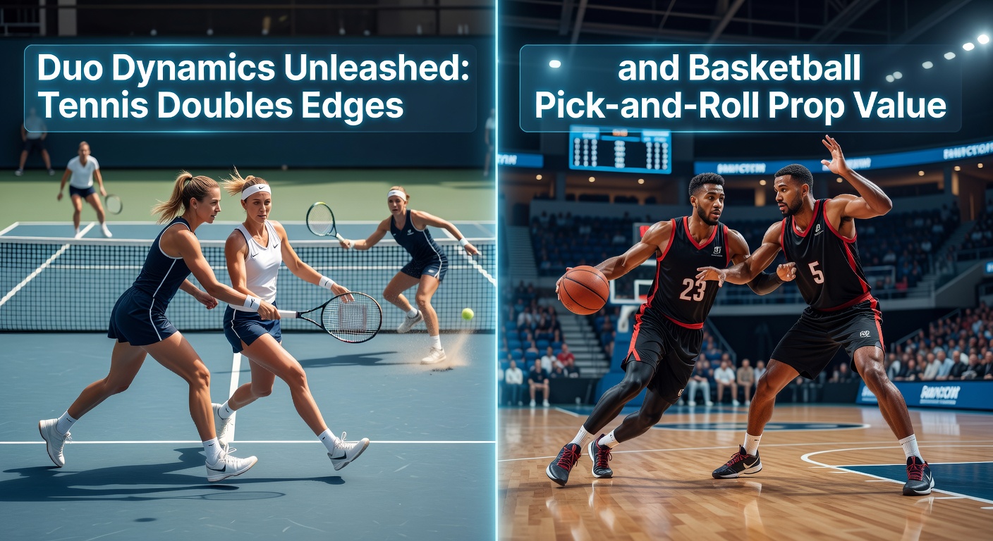 Dynamic tennis doubles rally with players coordinating at the net and baseline, highlighting team synergy on clay courts