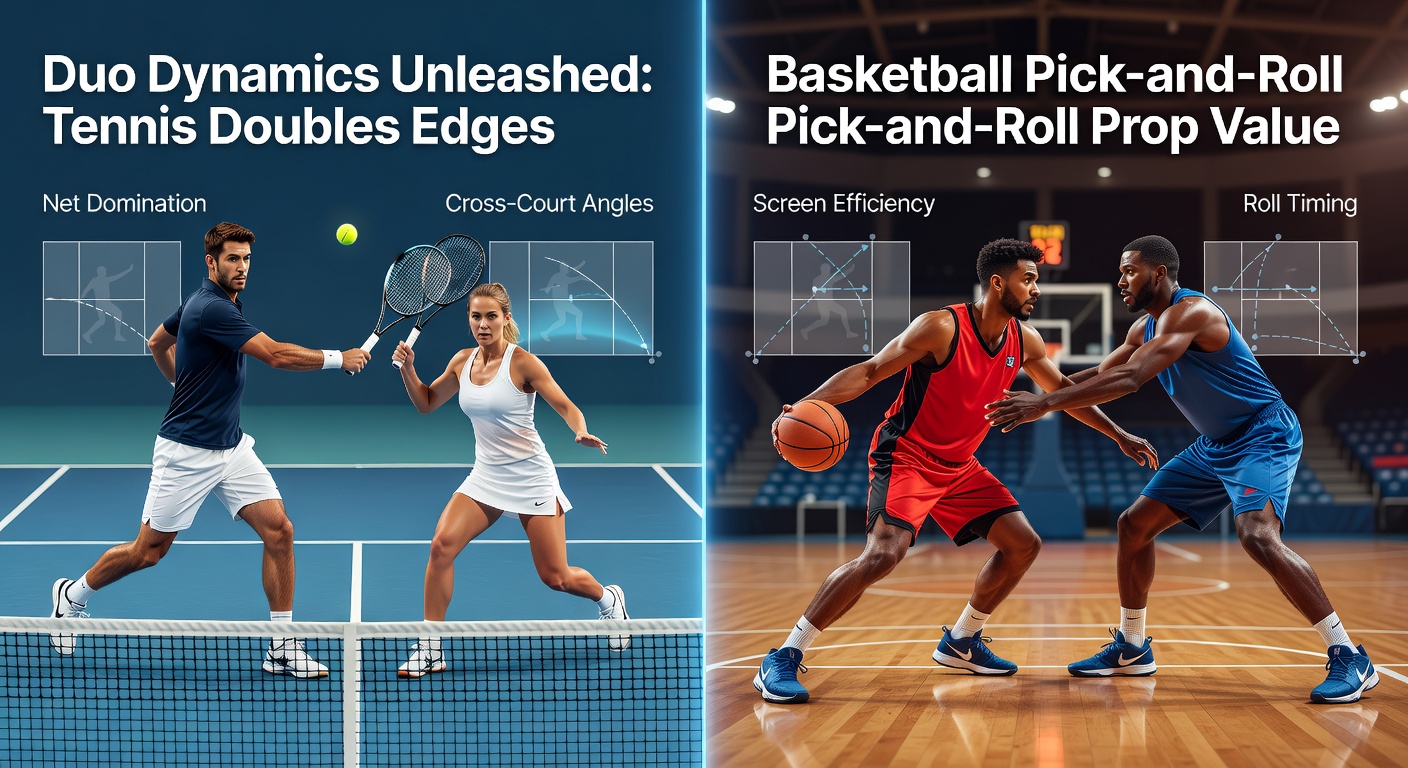 Basketball pick-and-roll execution with guard driving past screen and big rolling to the rim, capturing high-prop-value moment