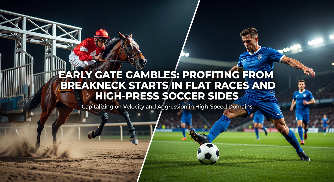 Horse surging ahead from the starting gate in a fast-paced flat race, with jockey urging maximum speed early on