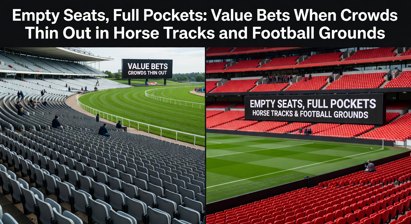 A nearly empty horse racing track under grey skies, with just a handful of spectators in the stands and punters checking odds on their phones