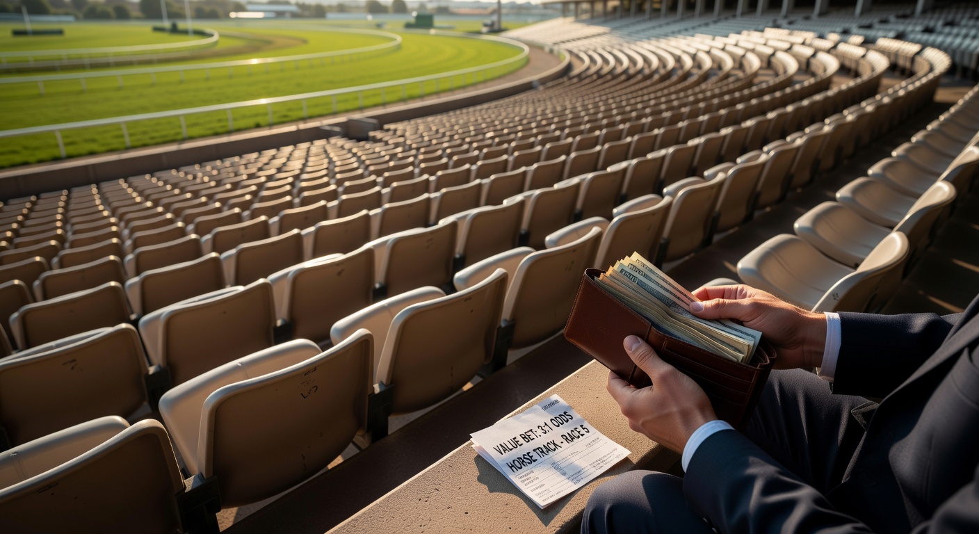 A vast, echoing football stadium with empty rows of seats during a midweek match, fog rolling in as players battle under floodlights