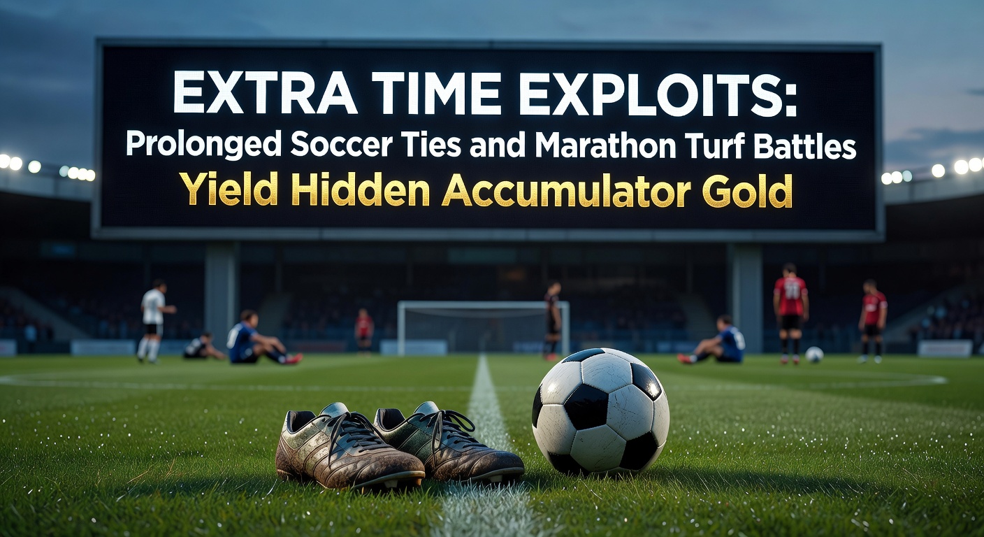 Soccer players battling in extra time under floodlights, with a horse race marathon unfolding on turf in the background, highlighting prolonged contests ripe for betting accumulators