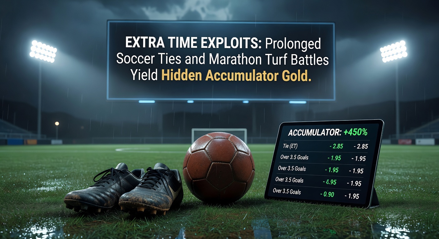 Close-up of a soccer extra-time goal celebration overlapping with horses thundering down a long turf straight, symbolizing accumulator wins from endurance events