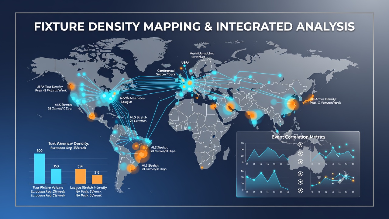 Visual representation of fixture density mapping showing soccer tour schedules overlaid with North American league timelines