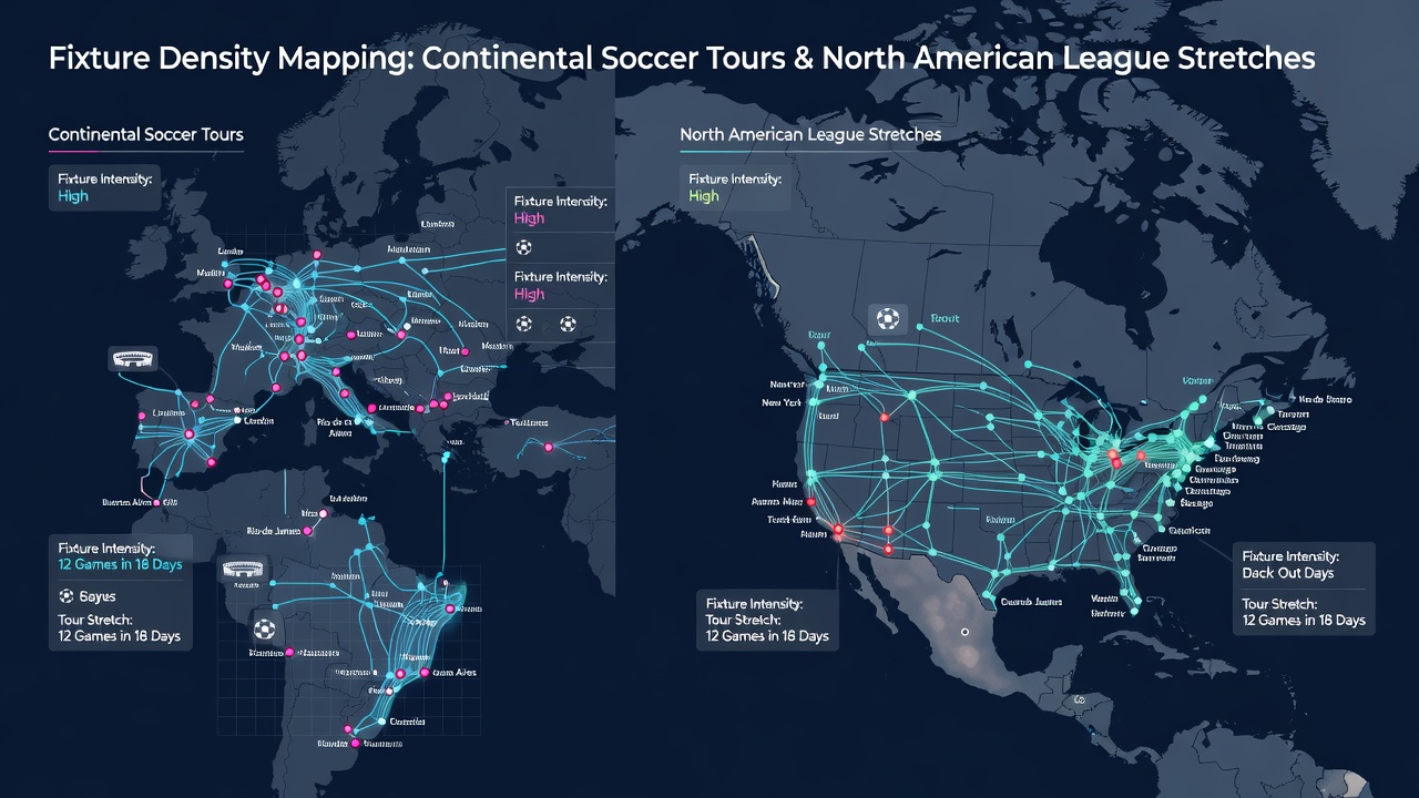 Detailed chart illustrating integrated fixture density across soccer tours and North American leagues with timeline overlays