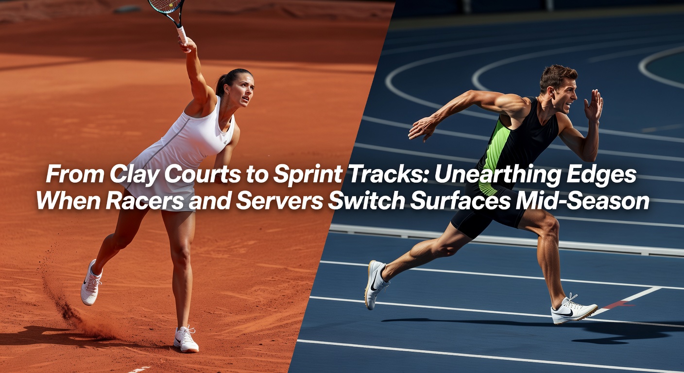 Tennis player sliding on clay court transitioning to a sprinter on a fast track, symbolizing surface switches in sports betting