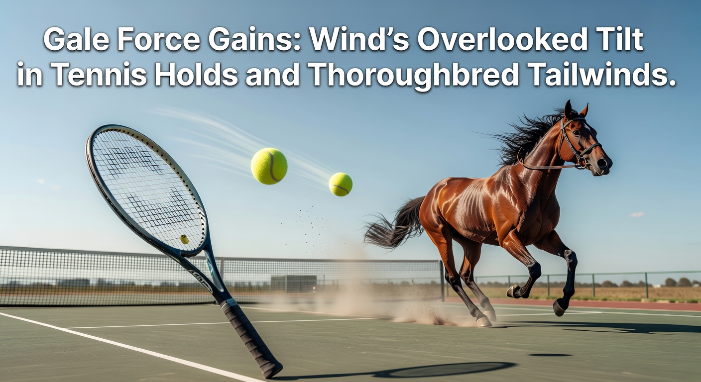 Tennis server battling crosswinds on an outdoor court, racket slicing through gusts while a thoroughbred surges ahead under tailwind push on a breezy track