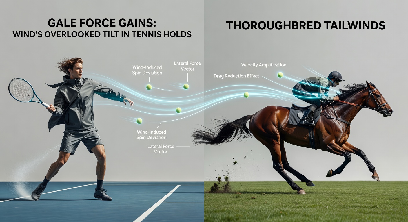 Thoroughbred horses thundering down a straight with tailwinds filling sails, manes whipping as they close on leaders; inset shows wind vane at a coastal track