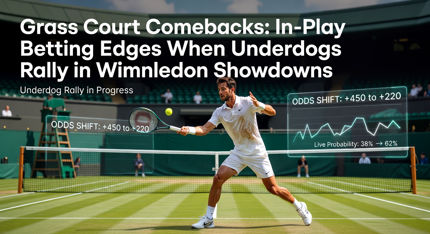 A dramatic Wimbledon match on grass court with an underdog player celebrating a comeback point under the Centre Court lights