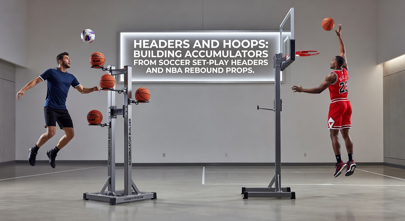 Soccer player leaping high to head a corner kick toward goal while NBA rebound action unfolds in the background