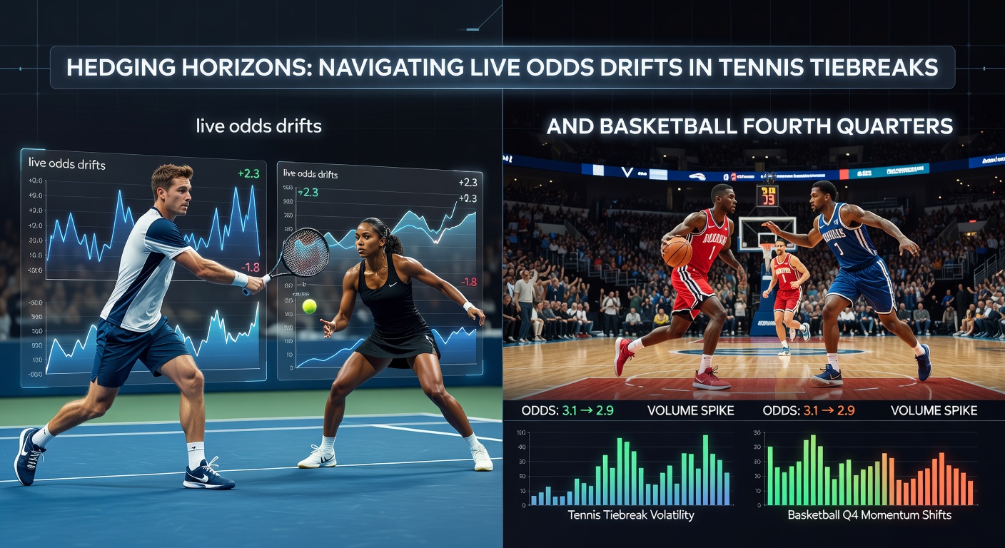 Tennis player serving intensely during a tiebreak, with live odds drifting on screen in the background