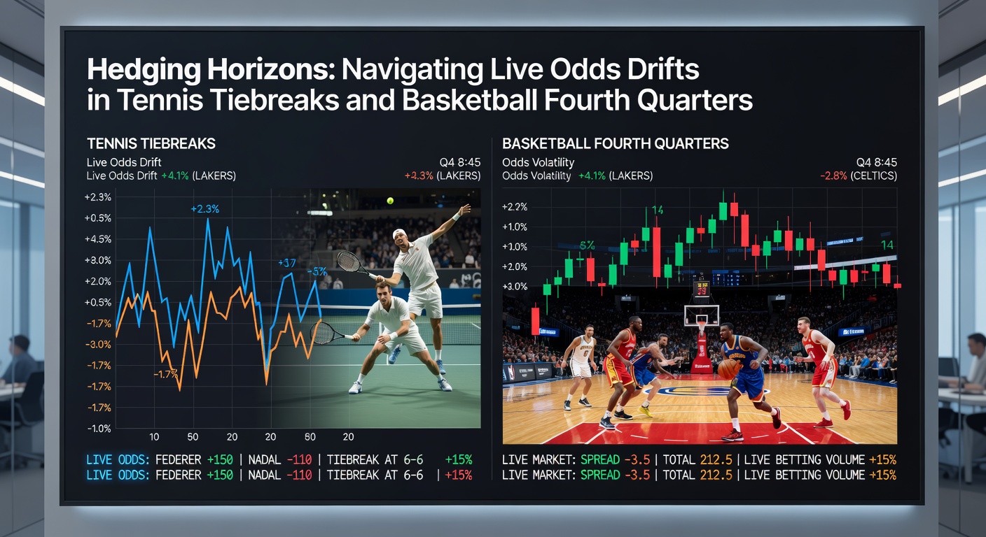 Basketball players battling in a tense fourth quarter, overlaid with live betting odds drifting rapidly