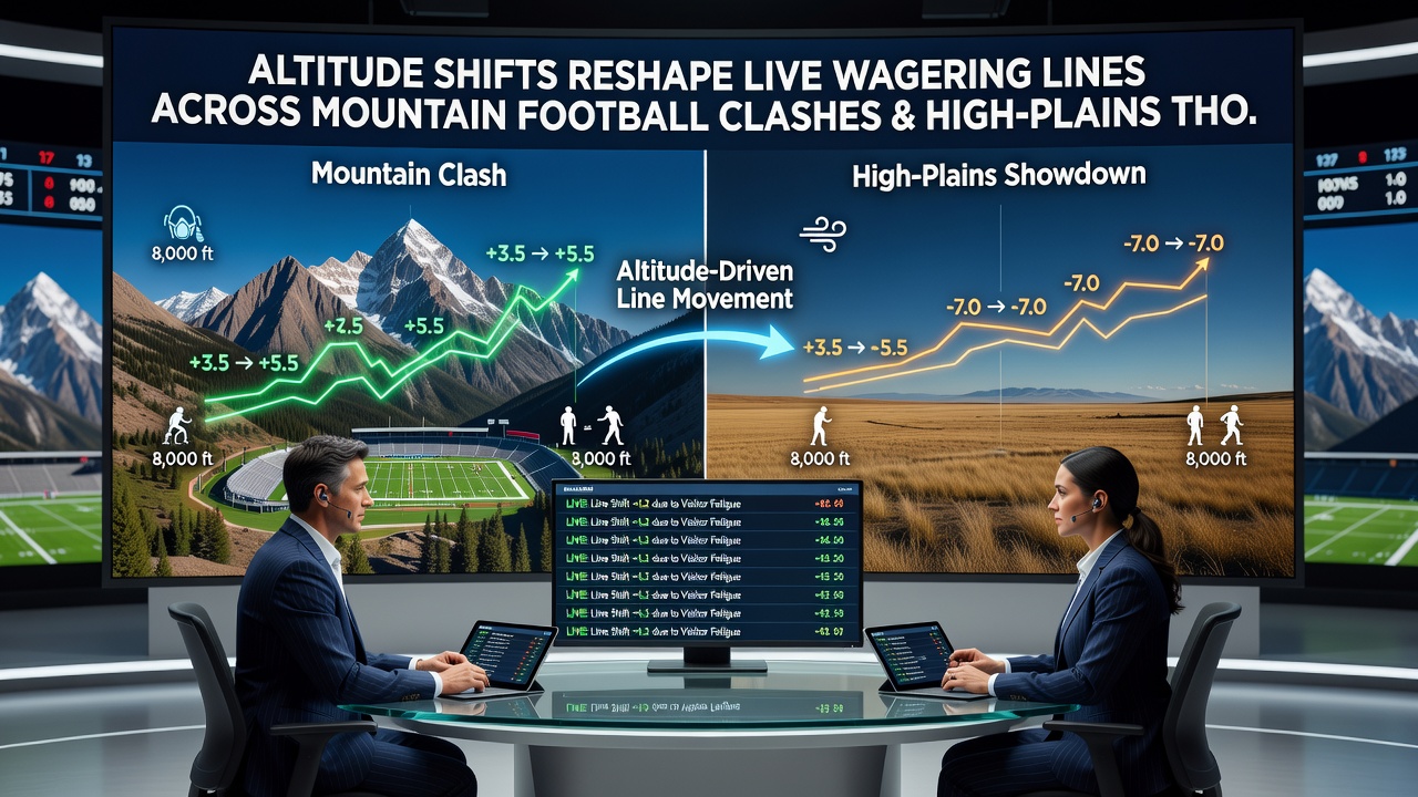 Thoroughbreds racing on a high-plains track with real-time odds displays visible to spectators