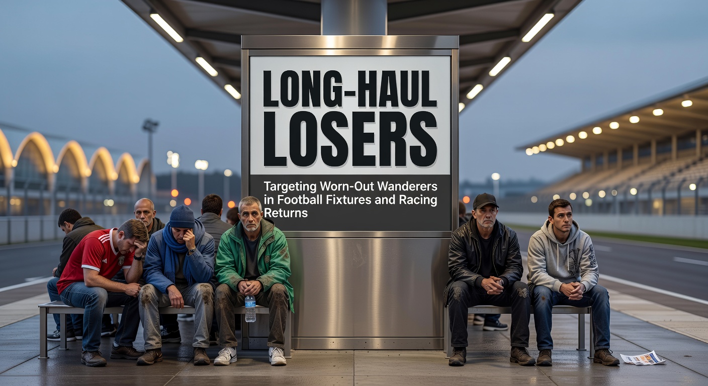 A weary football team disembarking from a long-haul flight, bags in tow, heading into a crucial away fixture under stadium lights