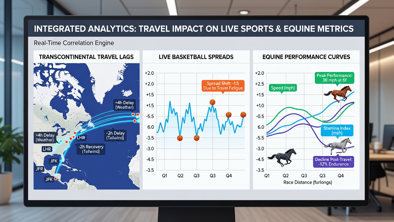 Split screen graphic comparing jet-lagged basketball player shooting percentages against horse sectional times after transcontinental shipment