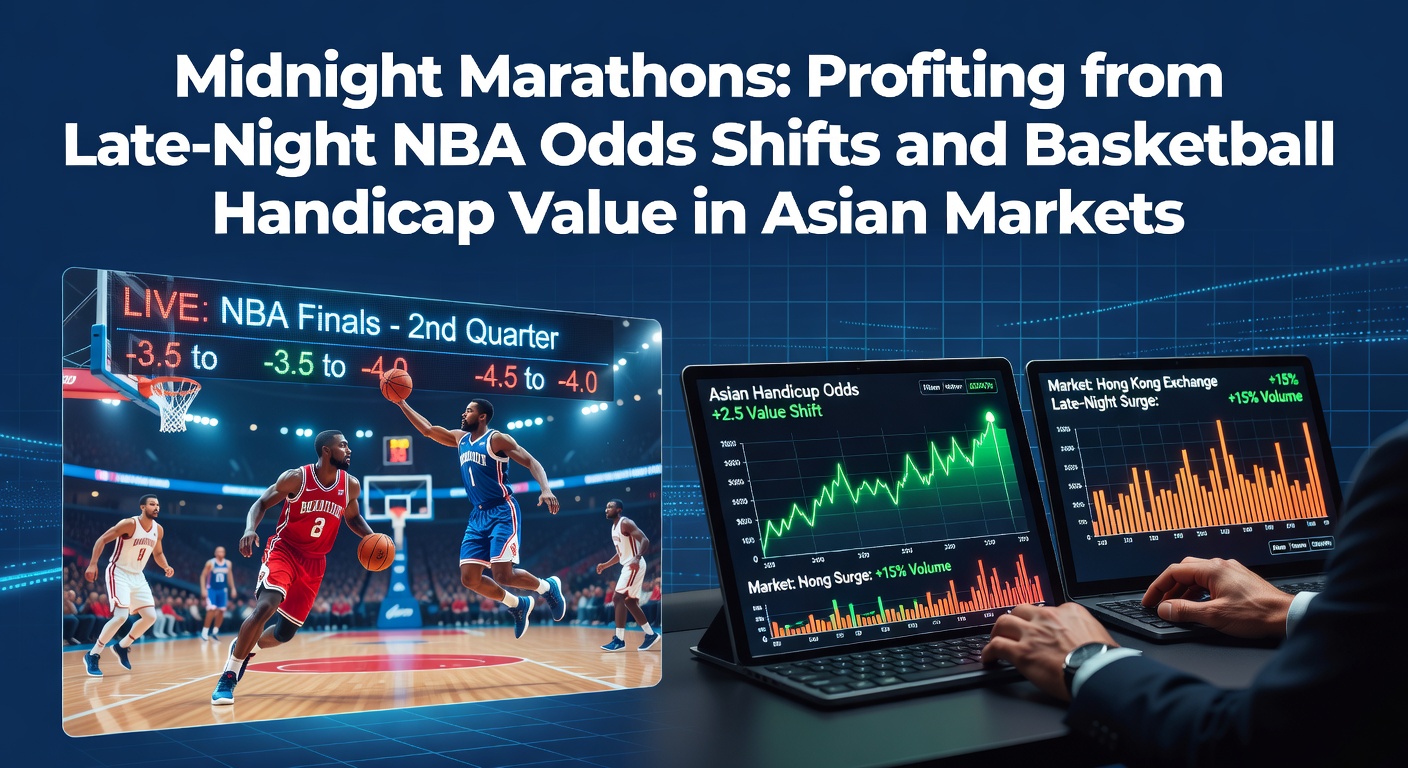 Asian traders analyzing live NBA odds during a late-night game on multiple screens, with handicap lines shifting in real time