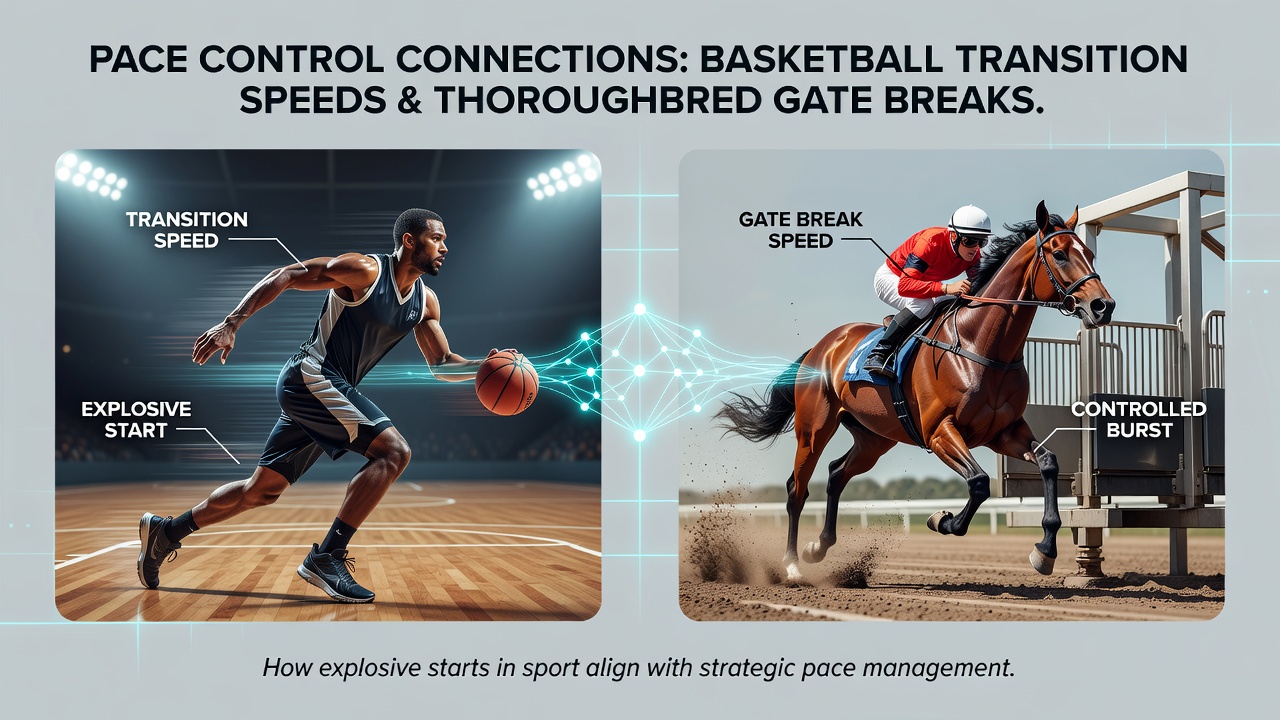 Data visualization charts comparing basketball transition speeds and thoroughbred gate break times in prediction models