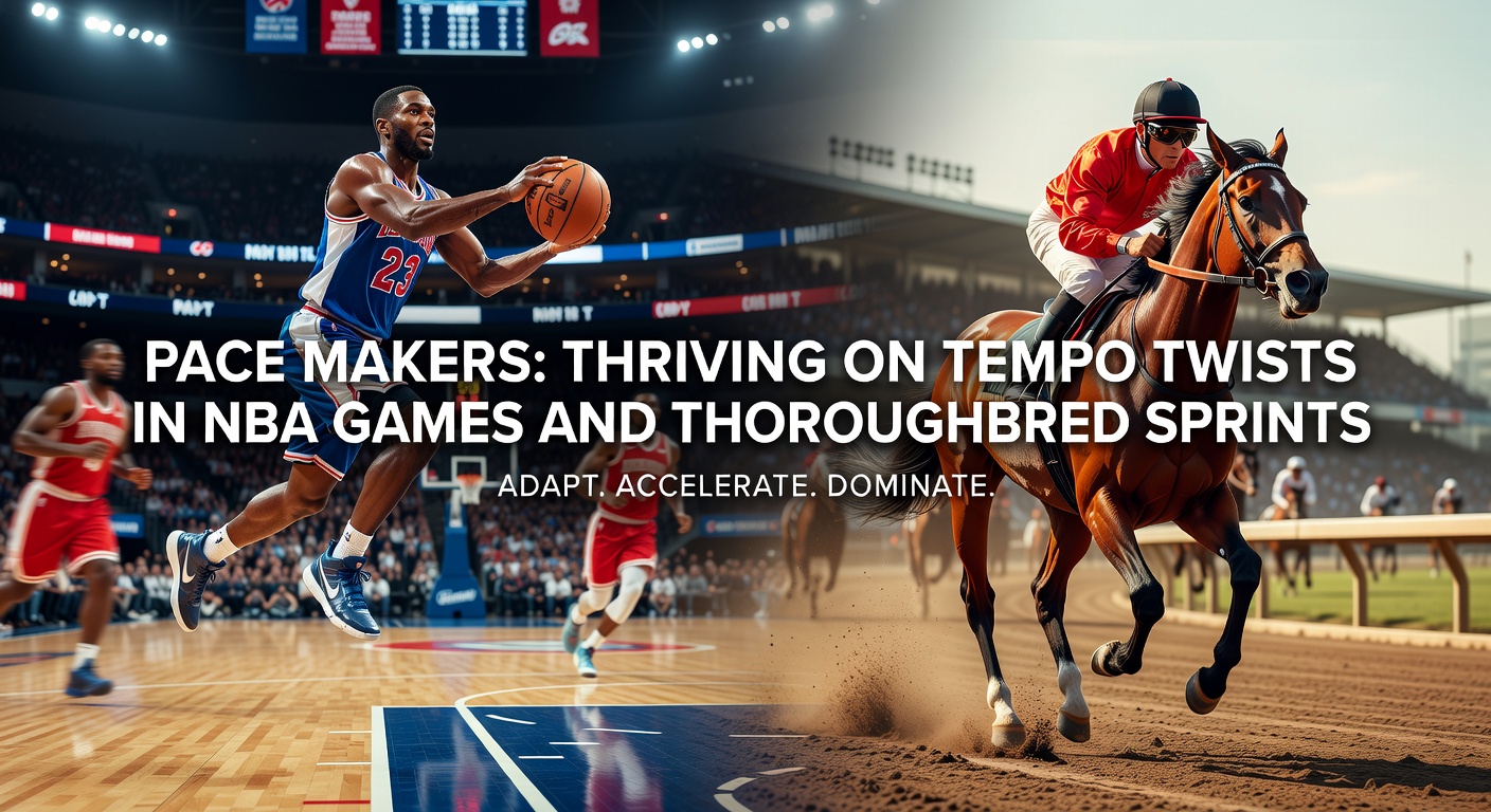 A dynamic NBA fast break colliding with a pack of thoroughbred horses charging down the straightaway, capturing the essence of tempo-driven action in both sports