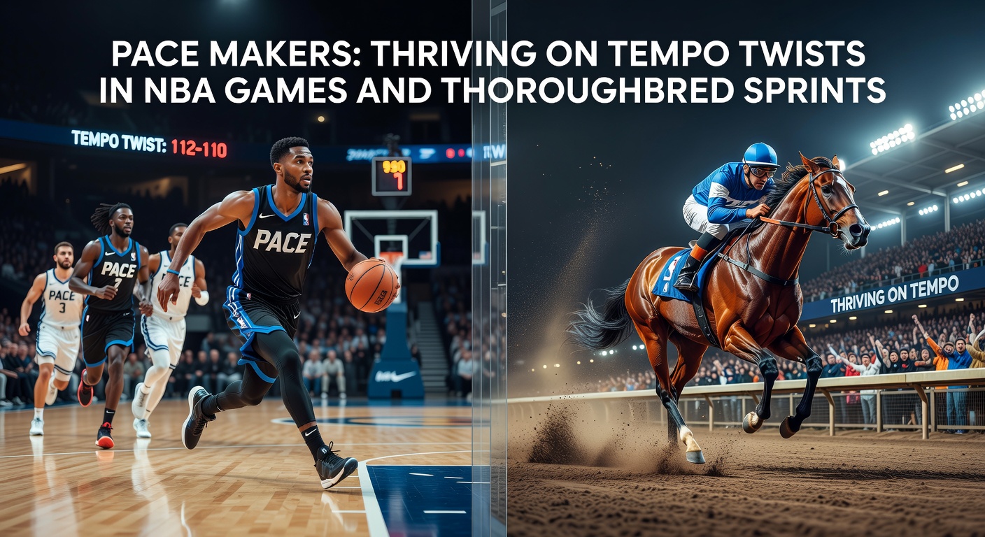 Close-up of jockeys urging sprinters forward amid kicking dirt, mirroring the high-stakes pace duel in a packed NBA fourth quarter