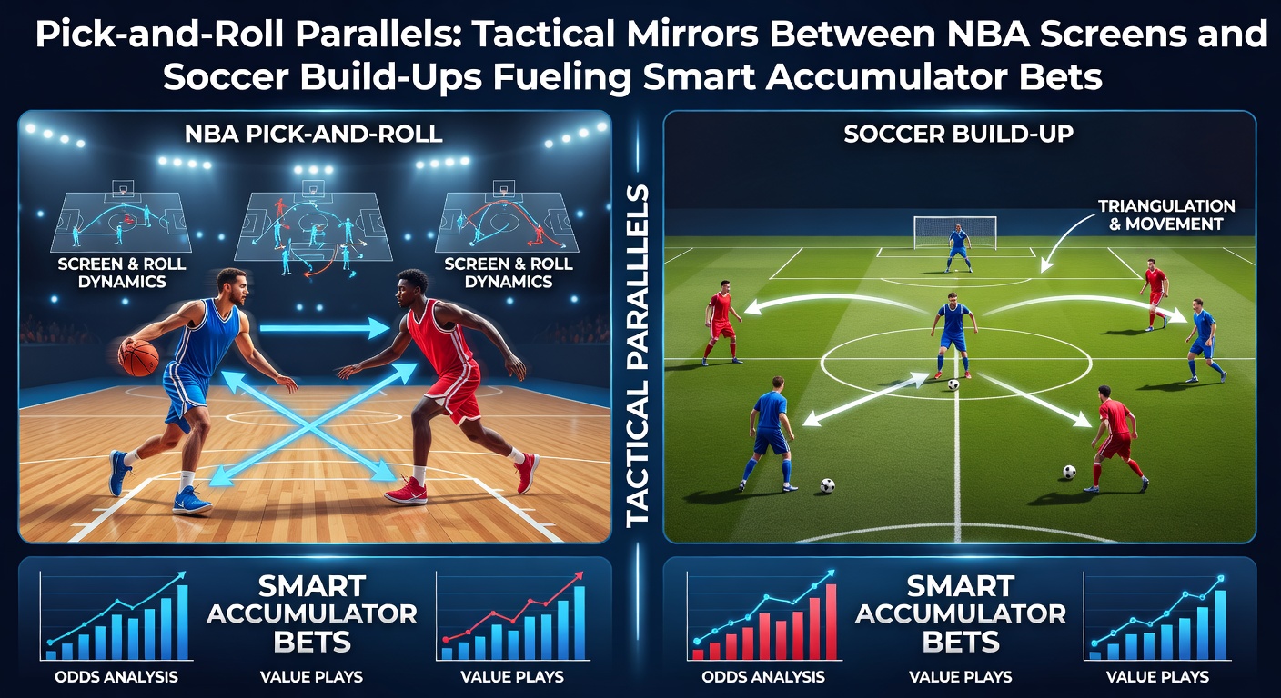 An NBA guard dribbles past a screen set by a big man in a classic pick-and-roll, mirroring a soccer midfielder receiving a build-up pass under pressure from defenders