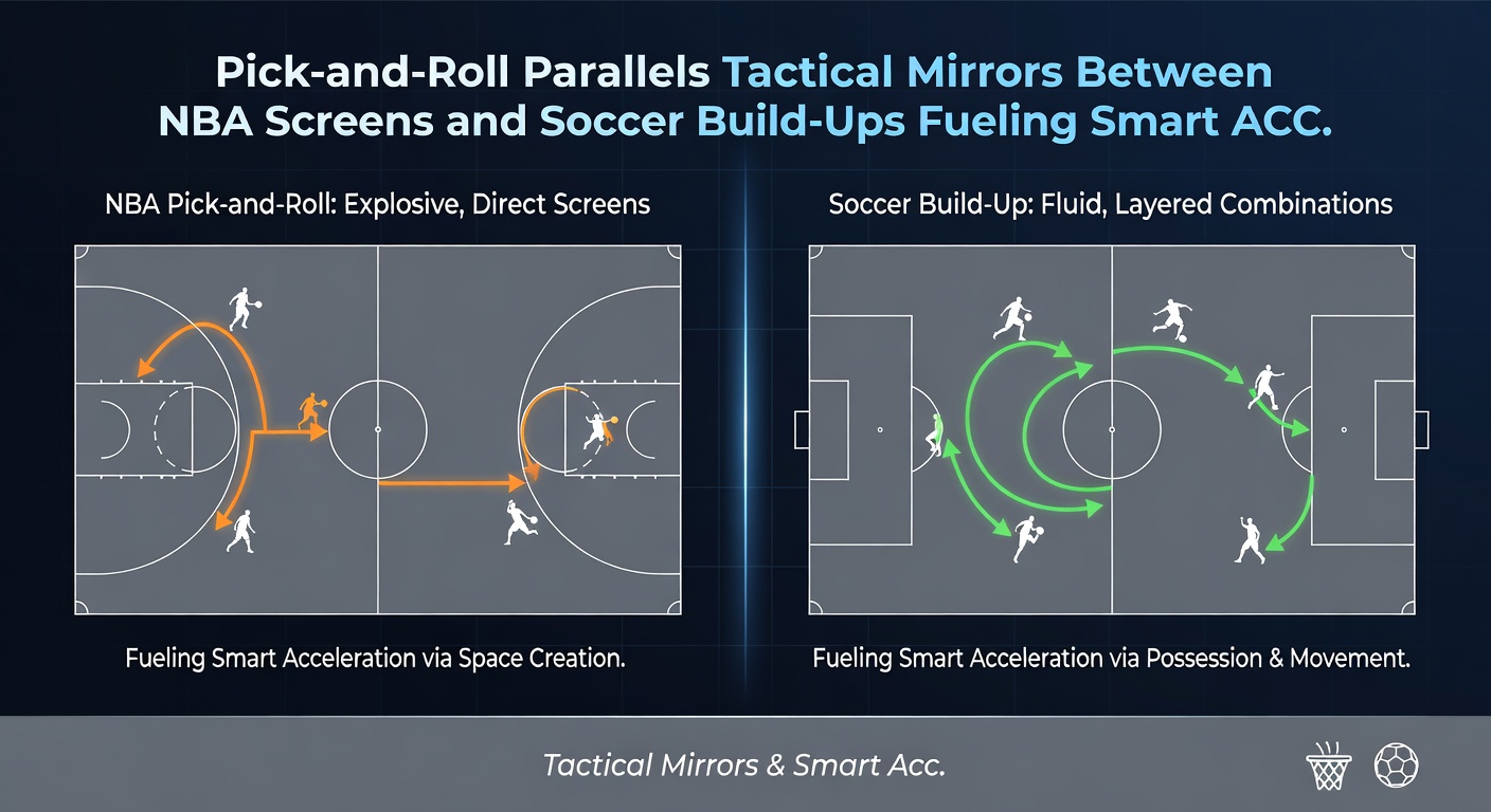 Soccer players executing a build-up from defense with midfield rotations, echoing the spatial chaos of an NBA pick-and-roll collapse