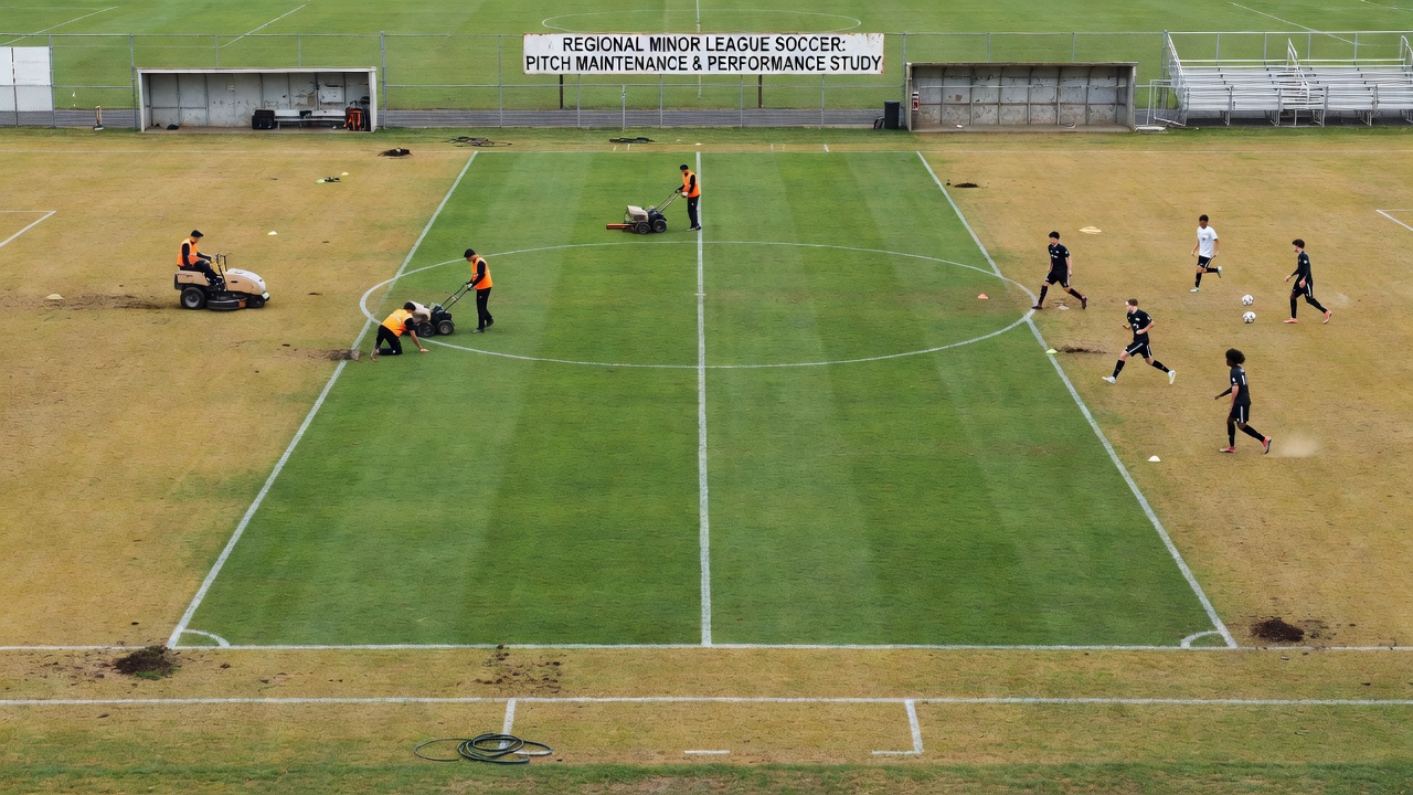 Side-by-side comparison of maintained soccer pitch and adjacent regional racing track turf conditions
