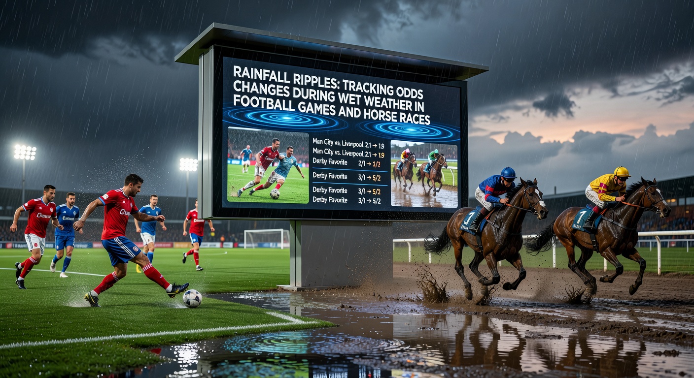 Horses splashing through a rain-soaked race track, kicking up mud as jockeys lean in during a heavy shower, with dark clouds overhead and a crowd in rain gear watching intently