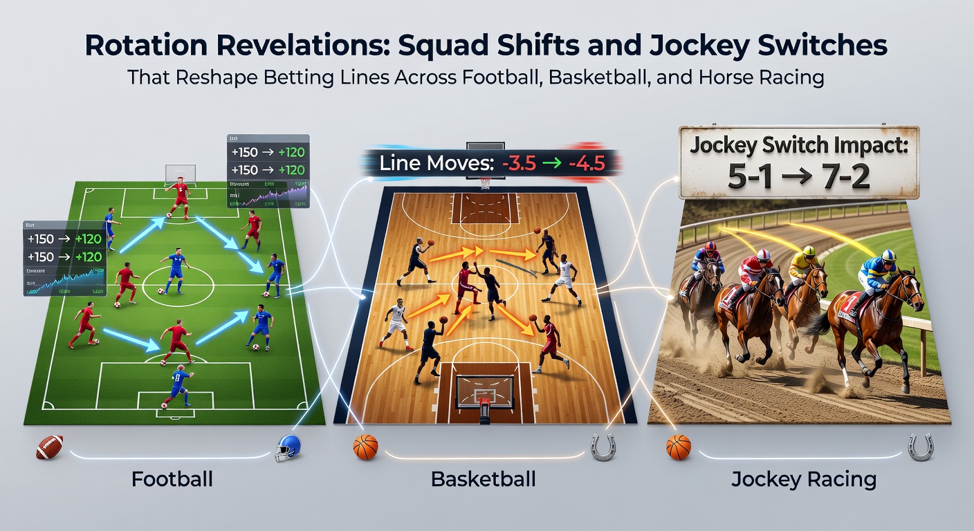 Football manager reviewing squad rotation charts while betting odds flicker on nearby screens, highlighting line movements from player changes