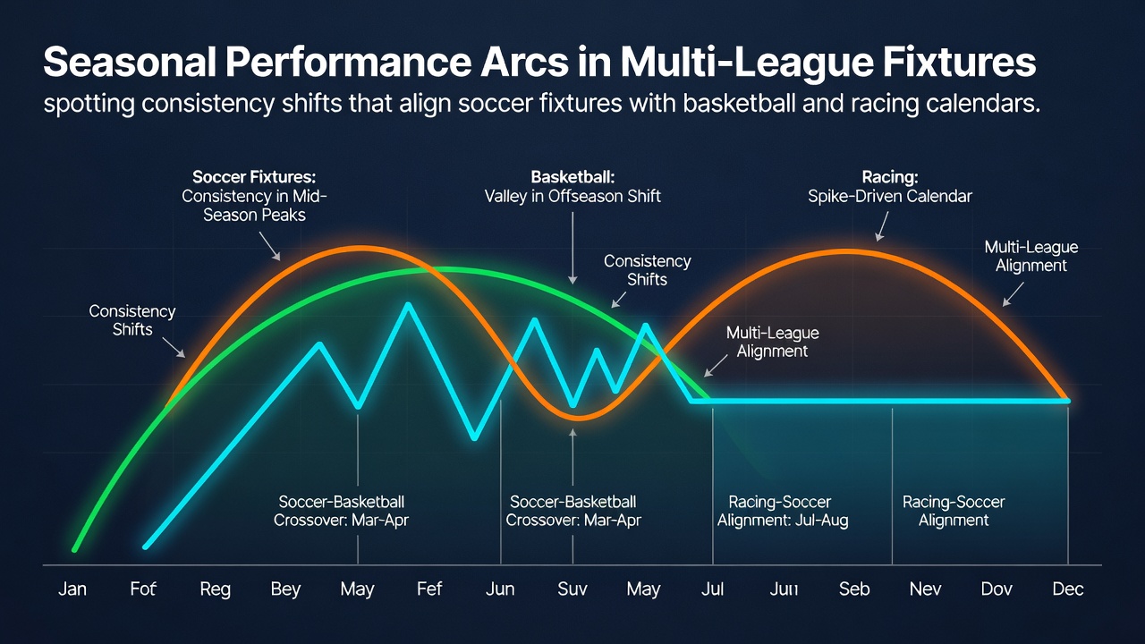Visual representation of seasonal performance trends across soccer, basketball, and horse racing calendars