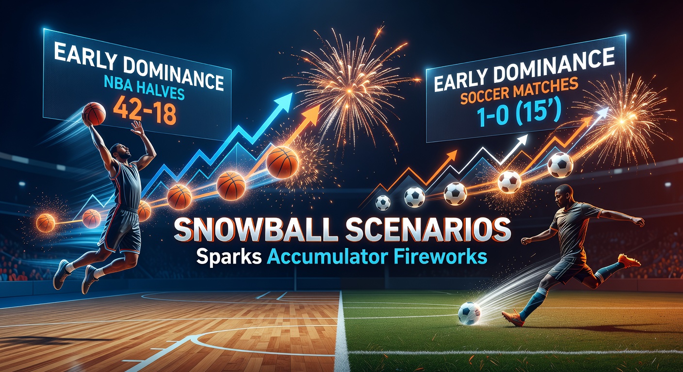 Dynamic action shot of an NBA player driving to the basket in the first half while a soccer player celebrates an early goal in the background, illustrating early dominance momentum