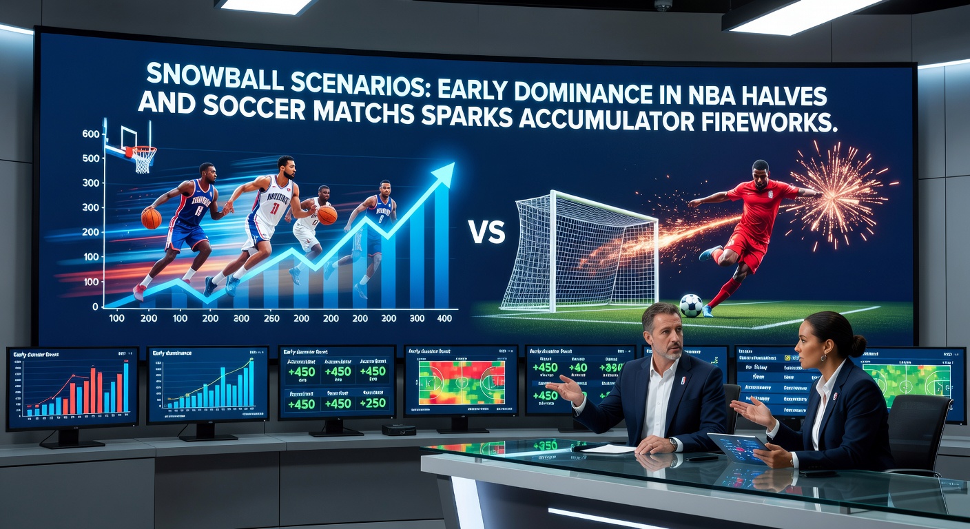 Split-image collage showing an NBA halftime scoreboard with a big lead and a soccer pitch with players piling on after an early goal, symbolizing snowball momentum in both sports