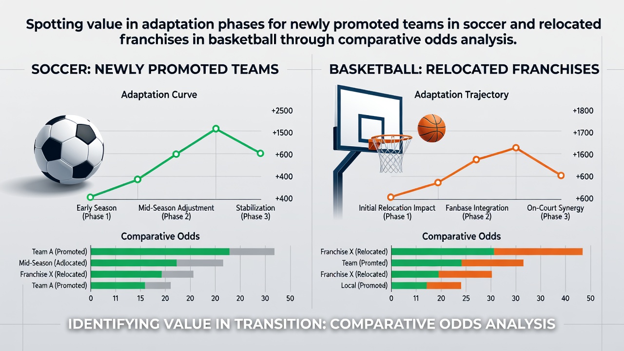Comparative odds charts showing performance shifts for promoted soccer sides and relocated NBA franchises during early season adaptation windows