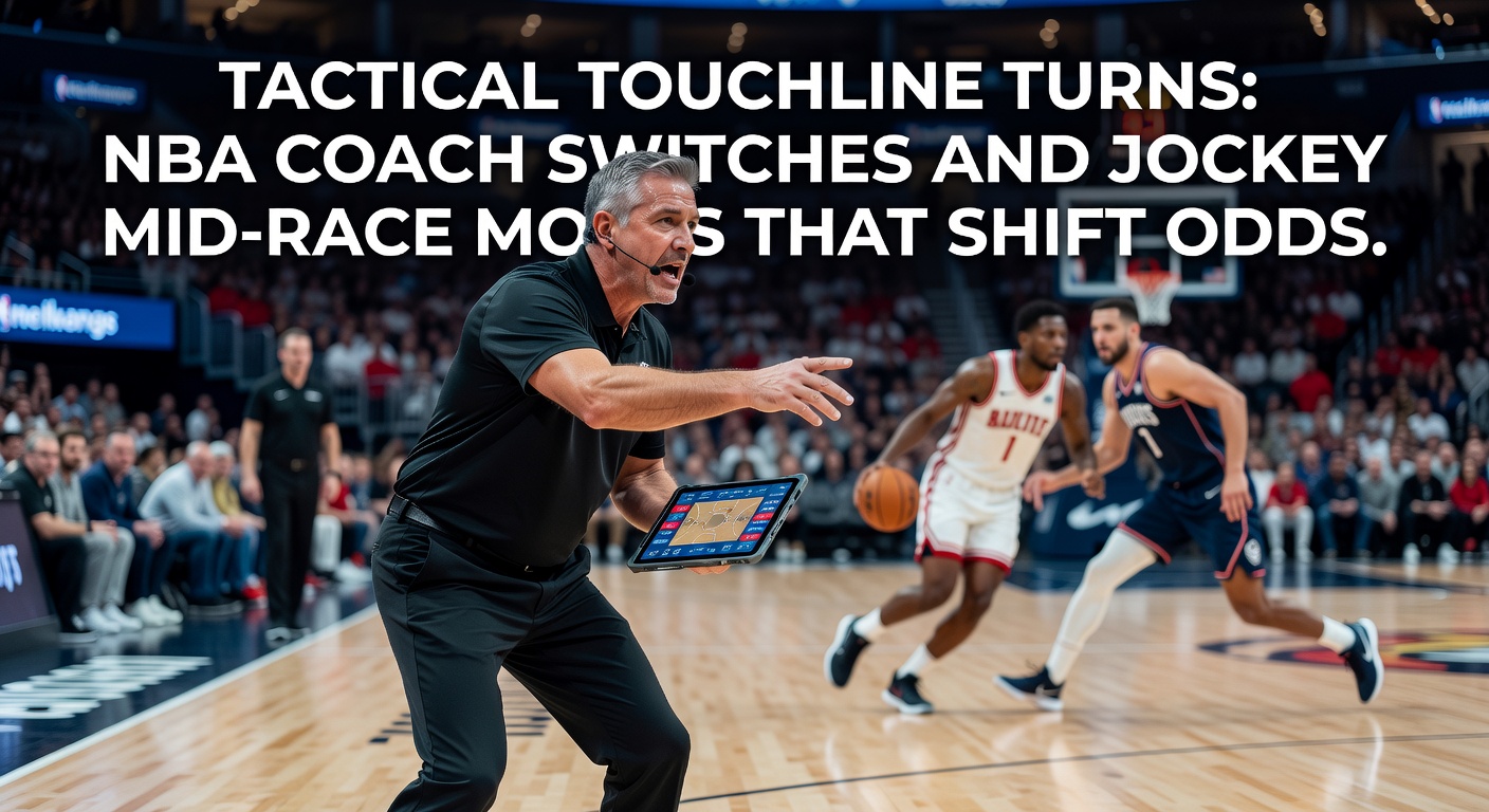 NBA coach urgently signaling a lineup switch from the touchline during a tense playoff game, with players reacting on court